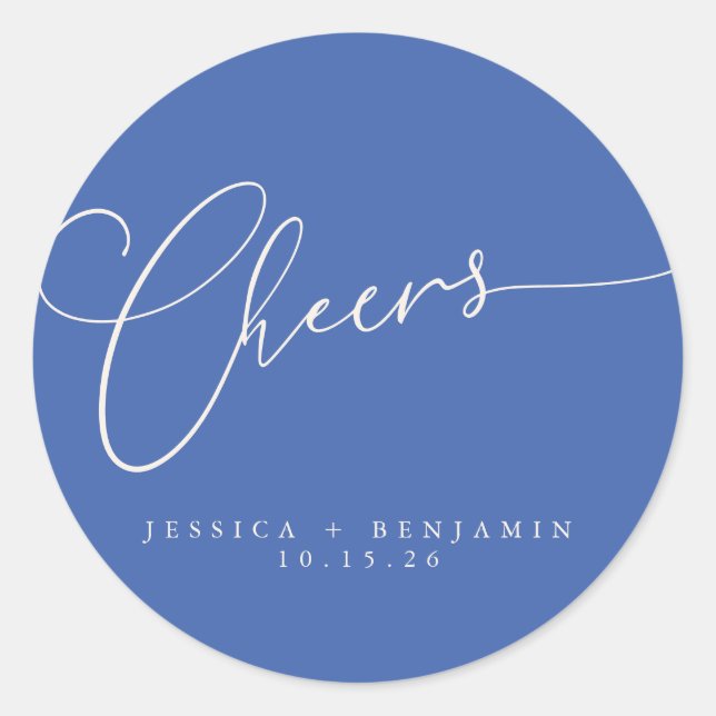 Cheers Minimal French Blue Script Custom Wedding Classic Round Sticker (Front)