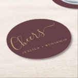 Cheers Minimalist Burgundy and Gold Custom Wedding Round Paper Coaster<br><div class="desc">Personalised Cheers Minimalist Burgundy and Gold Wedding Paper Coaster</div>