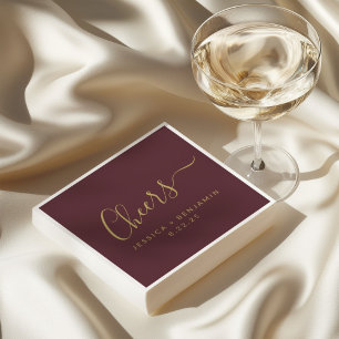 Cheers Minimalist Burgundy Gold Custom Wedding Napkin