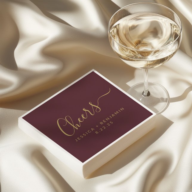 Cheers Minimalist Burgundy Gold Custom Wedding Napkin (Creator Uploaded)