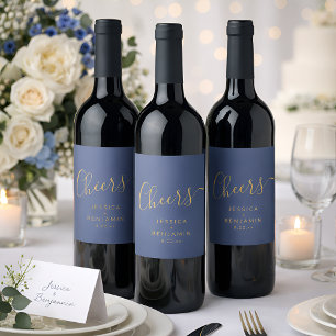 Cheers Minimalist Navy Blue Gold Custom Wedding Wine Label