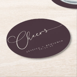 Cheers Minimalist Plum Script Custom Wedding Round Paper Coaster