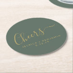 Cheers Minimalist Sage Green Gold Custom Wedding Round Paper Coaster<br><div class="desc">Personalised Cheers Minimalist Sage Green and Gold Wedding Paper Coaster</div>