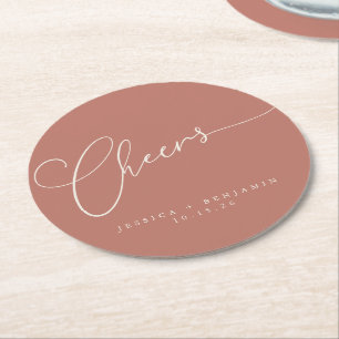 Cheers Minimalist Terracotta Script Custom Wedding Round Paper Coaster