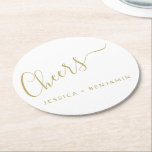 Cheers Minimalist White and Gold Custom Wedding Round Paper Coaster<br><div class="desc">Personalised Cheers Minimalist White and Gold Wedding Paper Coaster</div>
