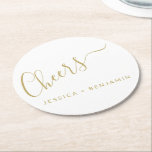 Cheers Minimalist White and Gold Custom Wedding Round Paper Coaster<br><div class="desc">Personalised Cheers Minimalist White and Gold Wedding Paper Coaster</div>