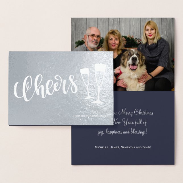 Cheers modern brushed script champagne flutes foil card (Display)