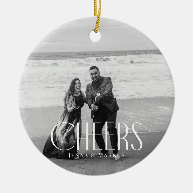 Cheers Modern Christmas Photo Minimal Design Ceramic Tree Decoration (Front)