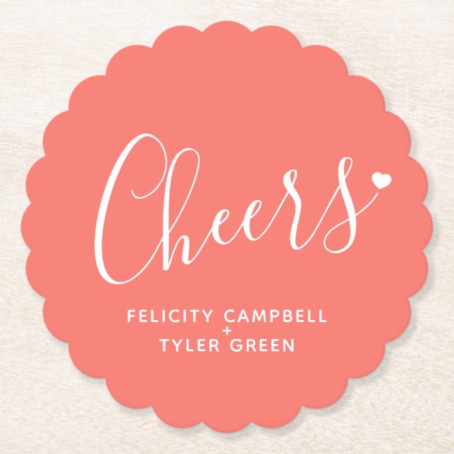 Cheers modern coral and white heart script paper coaster (Front)