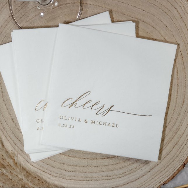 Cheers Modern Elegant Typography Wedding Foil Napkins (Elegant Cheers wedding napkins personalized in gold foil for your wedding bar and reception.)