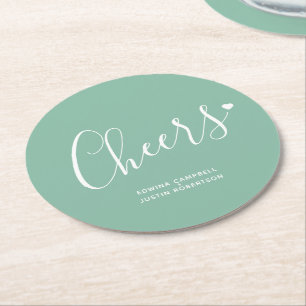 Cheers modern green white heart script coasters