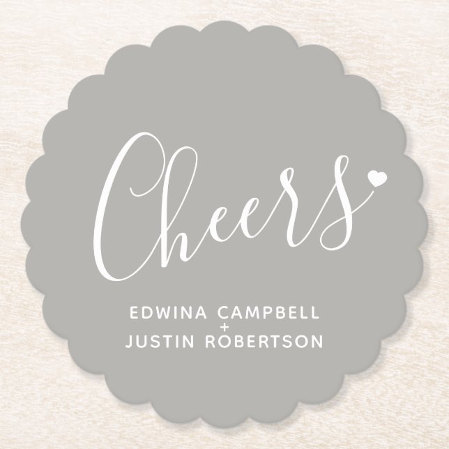 Cheers modern grey and white heart script coasters (Front)