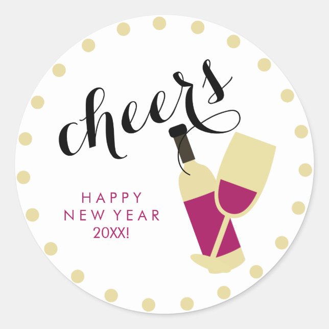 Cheers Modern Happy New Year Wine and Gold Dots Classic Round Sticker (Front)