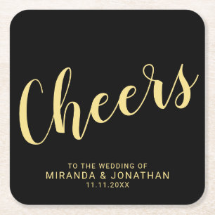 'Cheers' Modern Script Black and Gold Wedding Square Paper Coaster