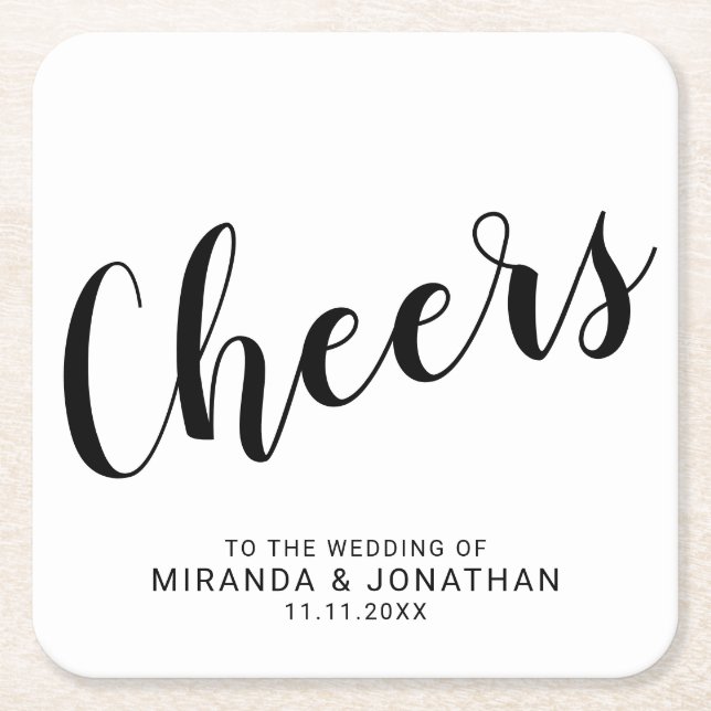 'Cheers' Modern Script Black and White Wedding Square Paper Coaster (Front)