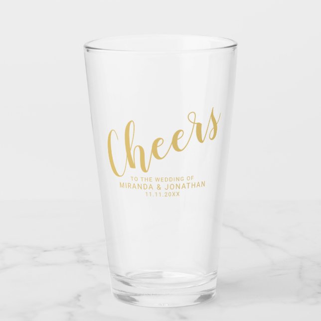 'Cheers' Modern Script Gold Wedding Glass (Front)