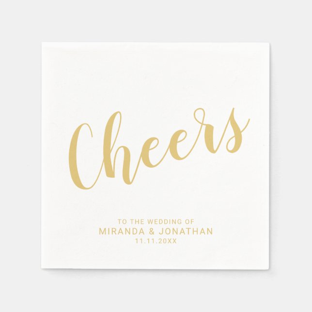 'Cheers' Modern Script Gold Wedding Napkin (Front)