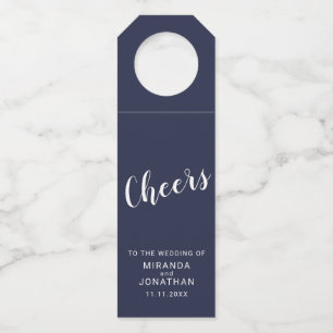 'Cheers' Modern Script Navy Blue Wedding Bottle Tag