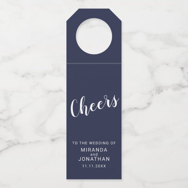 'Cheers' Modern Script Navy Blue Wedding Bottle Tag (Front)