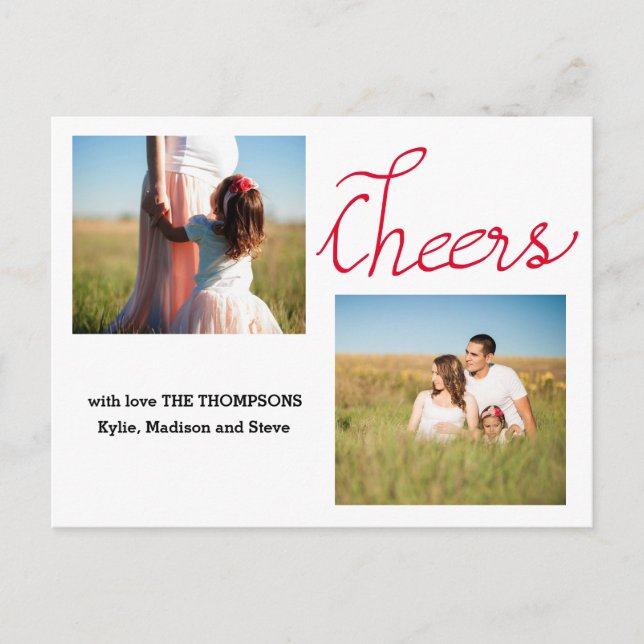 Cheers Modern Script Two Holiday Photo Postcard (Front)