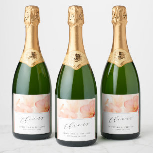 Cheers Modern Watercolor Peach Flower Wedding Sparkling Wine Label