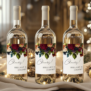 Cheers! Moody Floral Wedding Burgundy Wine Label