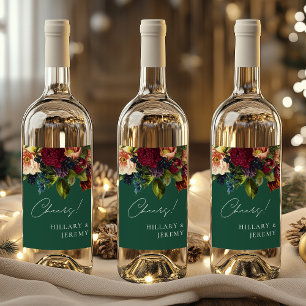 Cheers! Moody Floral Wedding Emerald Wine Label