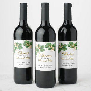 Cheers Mr and Mrs Elegant Eucalyptus Wedding Wine Label