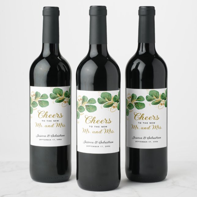 Cheers Mr and Mrs Elegant Eucalyptus Wedding Wine Label (Bottles)