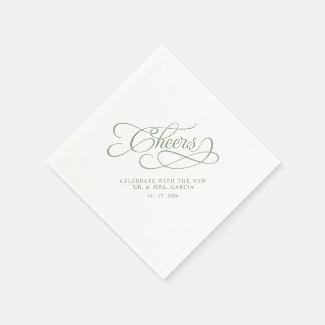 Cheers Mr & Mrs Wedding Calligraphy Sage Green Napkin (Corner)