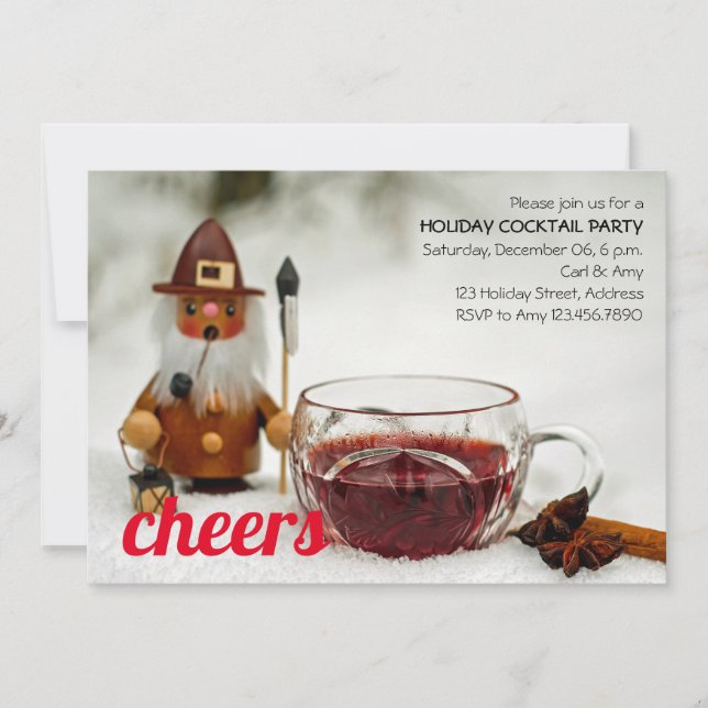 Cheers Mulled Wine & Gnome Holiday Cocktail Invitation (Front)