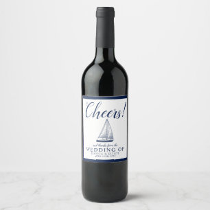 Cheers! Nautical Sailboat Wedding Customised Navy Wine Label
