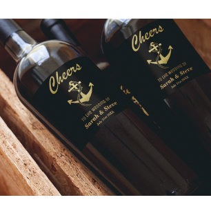 Cheers Nautical Wedding Gold and Black Wine Labels