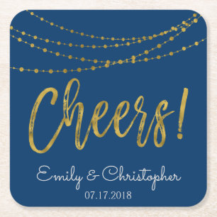 Cheers Navy Blue and Gold Foil String Lights Square Paper Coaster