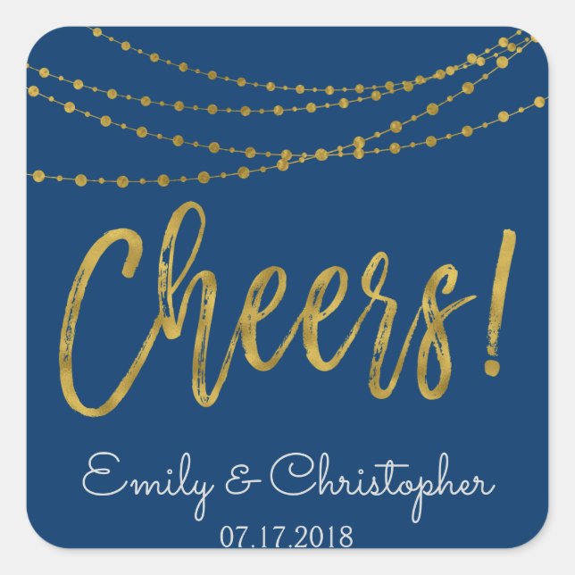 Cheers Navy Blue and Gold Foil String Lights Square Sticker (Front)