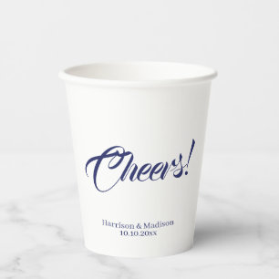 Cheers navy blue custom calligraphy script Wedding Paper Cups