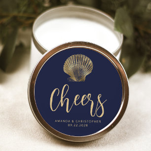Cheers Navy Blue Gold Coastal Beach Wedding Classic Round Sticker