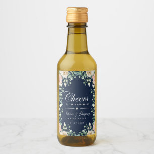 Cheers Navy Blue Pink Floral Wedding Wine Label
