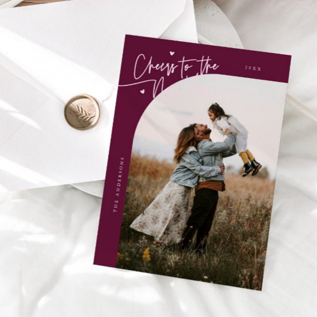 Cheers New Year Cranberry Curved Frame Photo Holiday Card (Creator Uploaded)