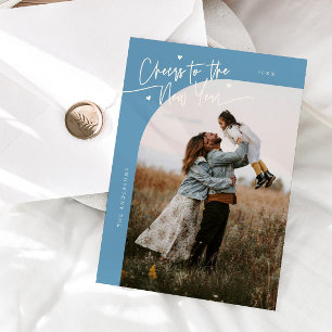 Cheers New Year Denim Blue Curved Frame Photo Holiday Card