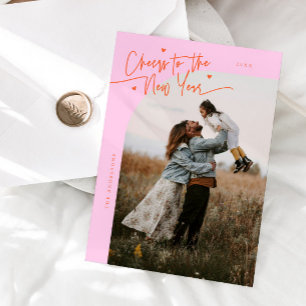 Cheers New Year Orange Pink Curved Frame Photo Holiday Card