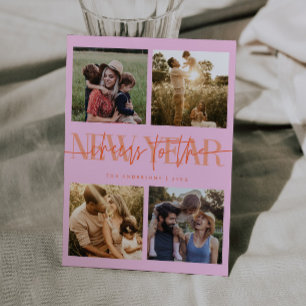 CHEERS New Year Orange Pink Photo Grid Holiday Card