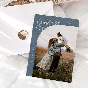 Cheers New Year Slate Blue Curved Frame Photo Holiday Card