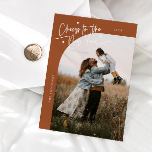 Cheers New Year Terracotta Curved Frame Photo Holiday Card