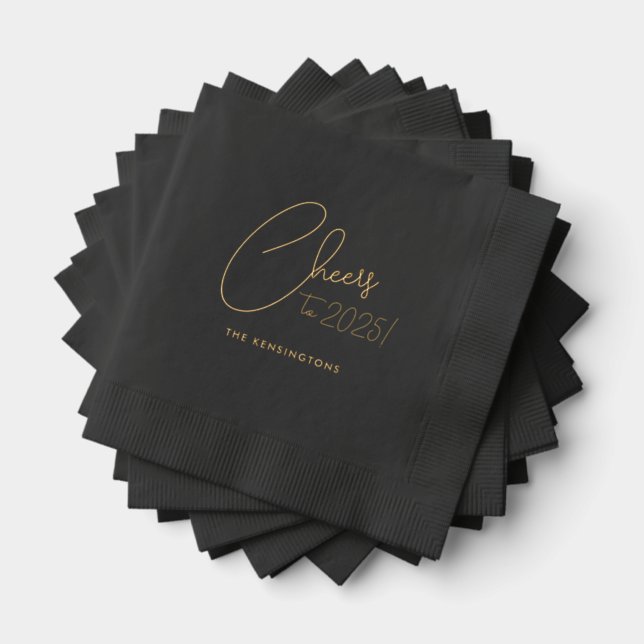 Cheers New Year's Custom Name Black Gold Foil Napkins (Insitu (Stacked))