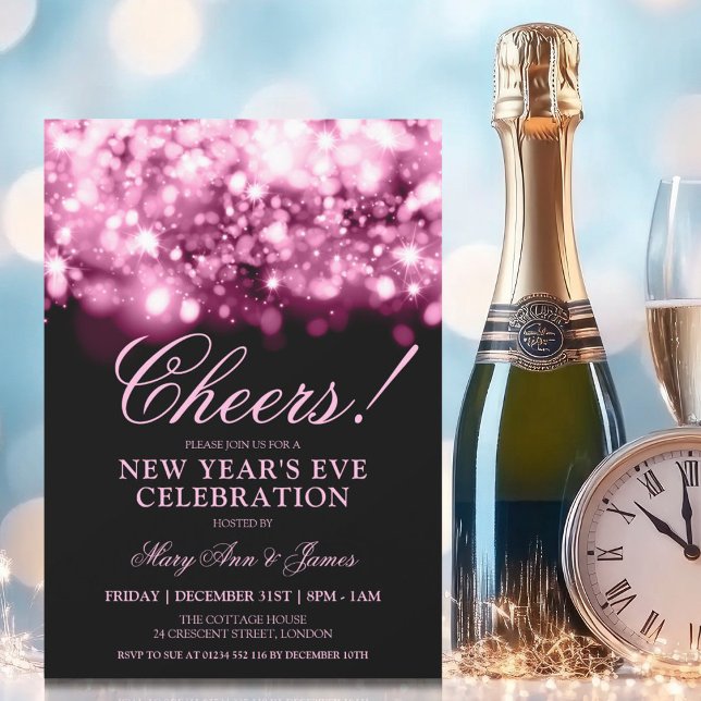 CHEERS! New Years Eve Hot Pink Sparkle Lights Invitation (CHEERS! New Years Eve Hot Pink Sparkle Lights Invitation)