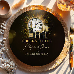 Cheers New Years Eve Party 2025 Gold Champagne Paper Plate