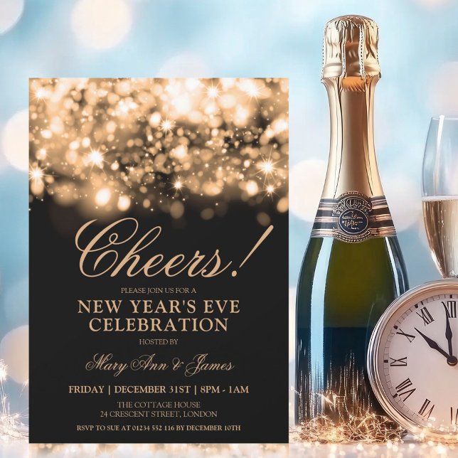 CHEERS! New Years Eve Party Gold Sparkle Lights Invitation (CHEERS! New Years Eve Party Gold Sparkle Lights Invitation)