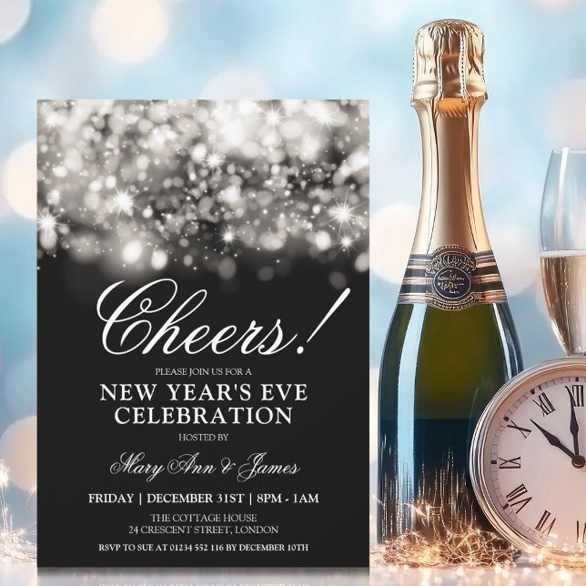 CHEERS! New Years Eve Party Silver Sparkle Lights Invitation (CHEERS! New Years Eve Party Silver Sparkle Lights Invitation)