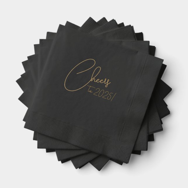 Cheers New Year's Party Modern Script Black Gold Foil Napkins (Insitu (Stacked))